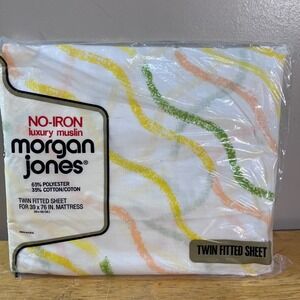 Vtg Morgan Jones Twin Fitted Sheet No-Iron Muslin Wavy Stripe Yellow Green USA